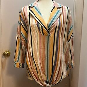 Umgee Tie Front Button Down Striped Top - Size Large